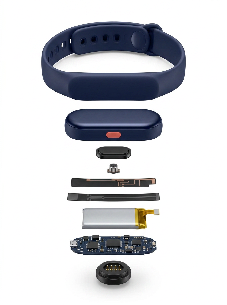 Exploded engineering view of the KidCall band: silicone strap, housing, speaker, microphone, battery, PCB, LTE antenna, GPS and charging connector