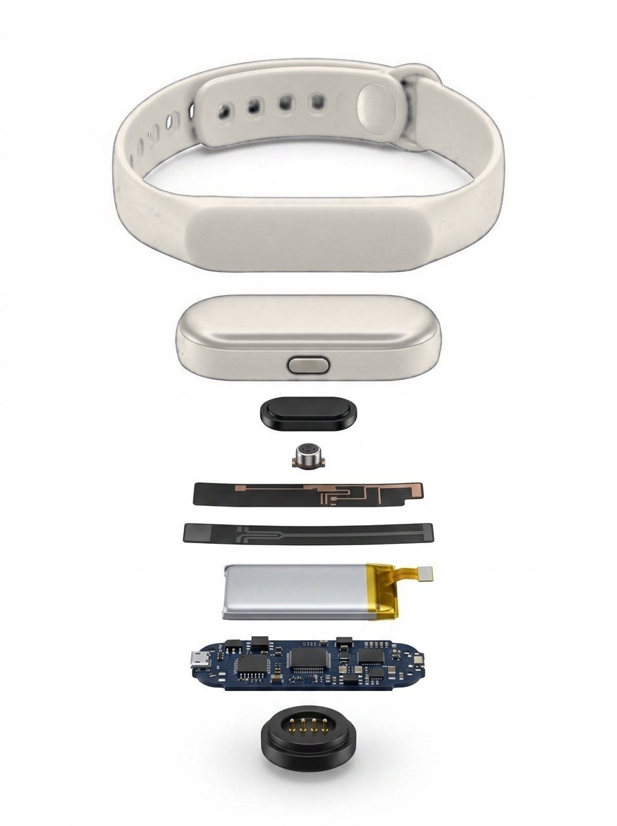 Exploded engineering view of the KidCall band: silicone strap, housing, speaker, microphone, battery, PCB, LTE antenna, GPS and charging connector