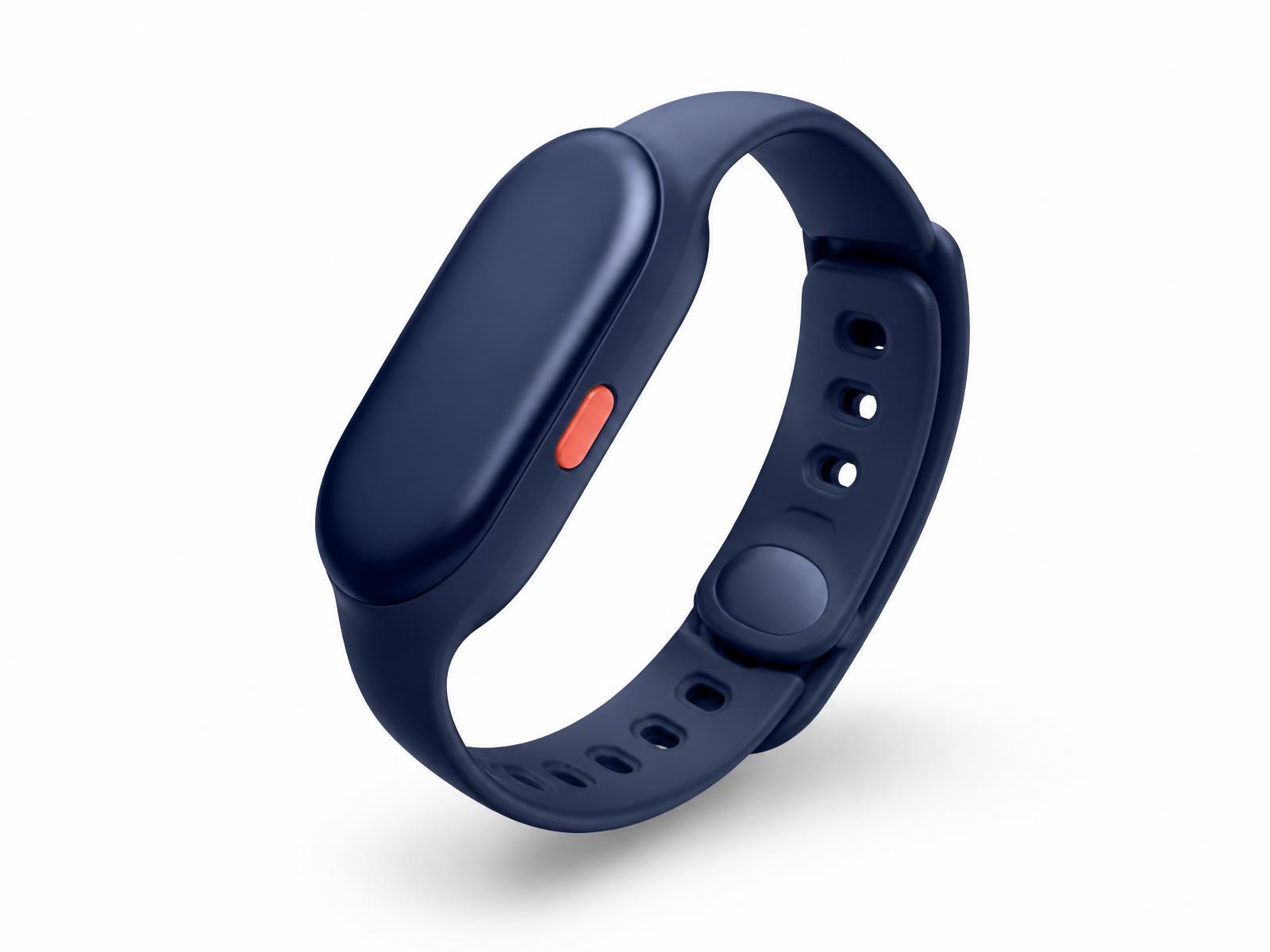 The KidCall safety band in midnight navy, floating against a white background, with a single coral call button