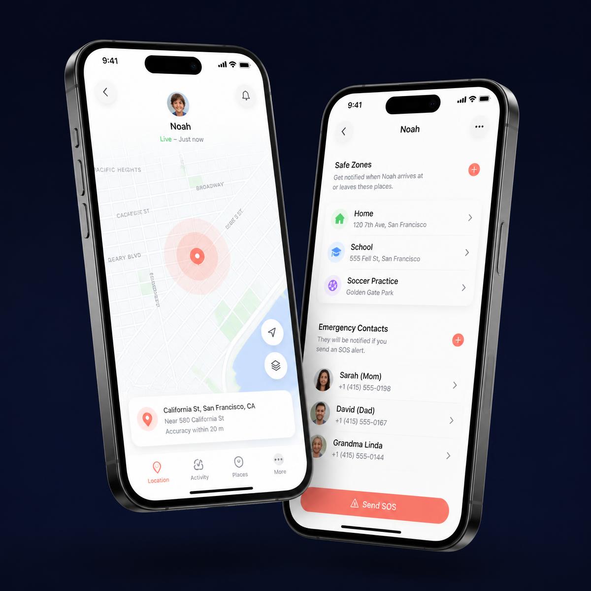 The KidCall parent app showing a live location map and a safe zones screen