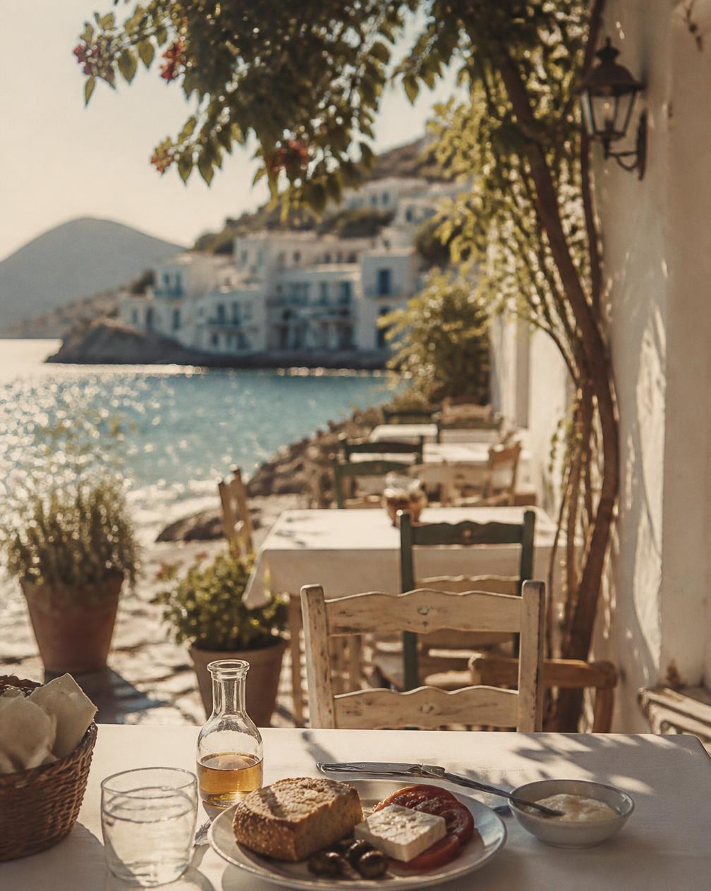 A sunlit Greek seaside taverna at breakfast on the morning everything changed